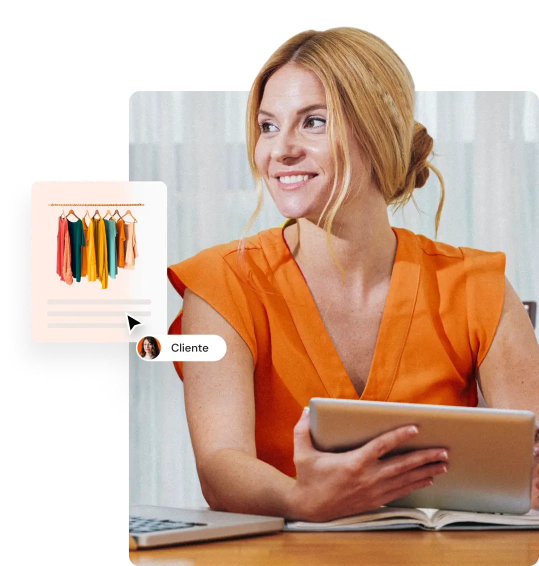 Mulher sorrindo enquanto segura um tablet, com uma página de compra de um vestido laranja exibida ao lado.