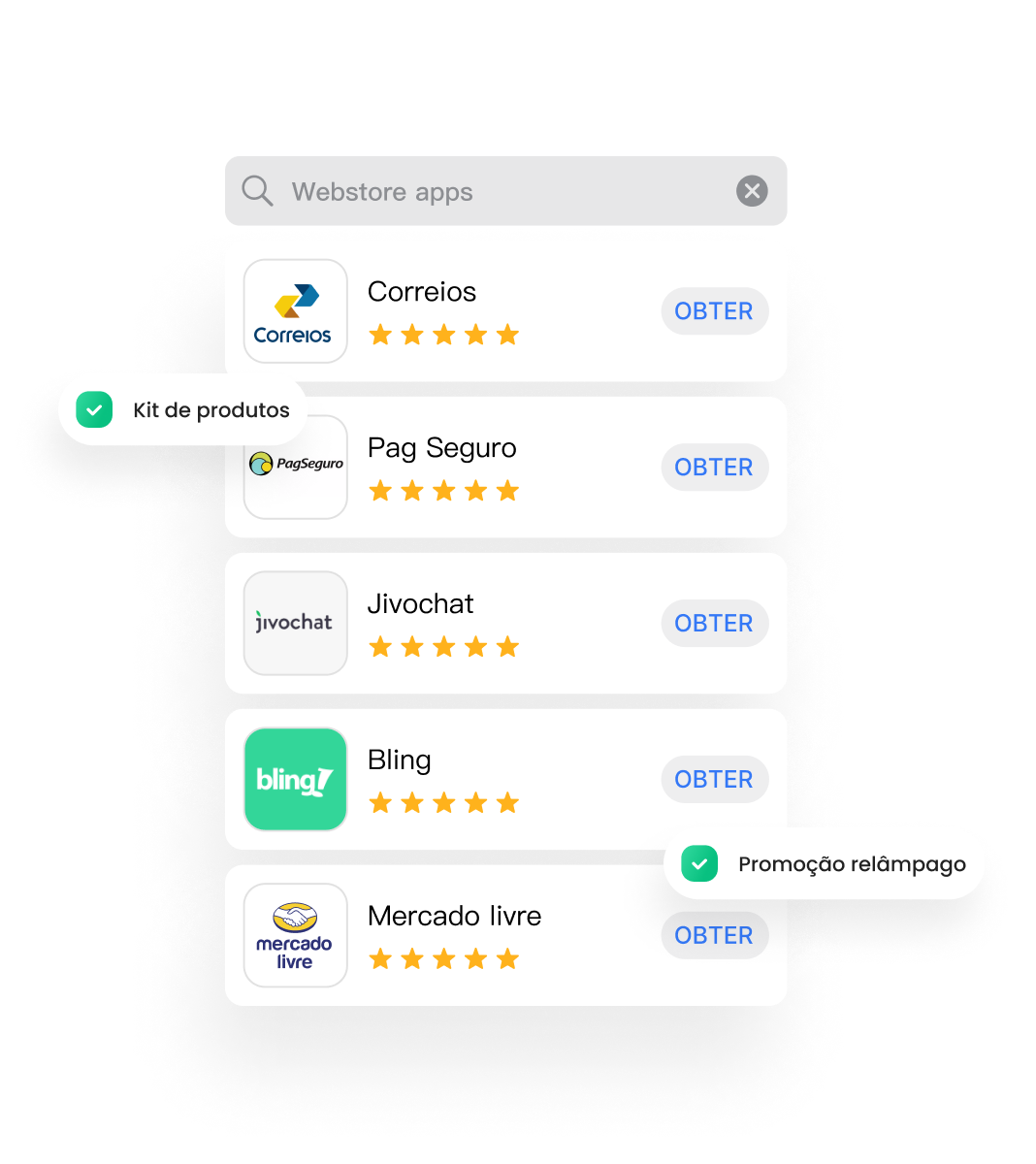 Lista de aplicativos com integração inclusa, como Correios, PagSeguro, Jivochat, Bling e Mercado Livre.