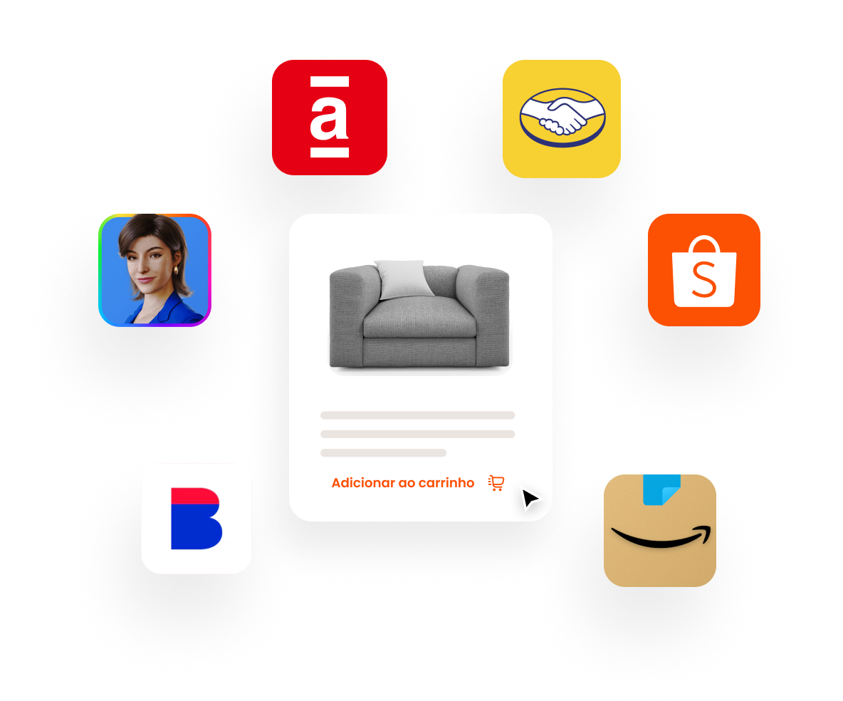 Logos de marketplaces (Casas Bahia, Magalu, Americanas, Mercado Livre, Shopee e Amazon) ao redor de um card de produto com opção de adicionar ao carrinho