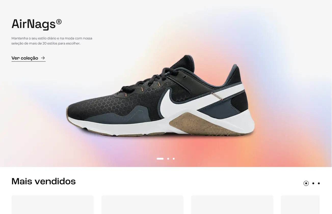 Layout de página de compra de um tênis, com as cores branco e preto